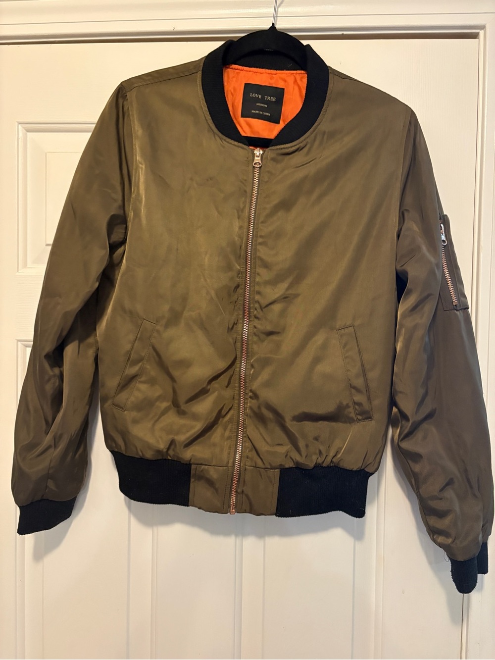 Love Tree Olive Green Bomber Jacket with Orange Lining